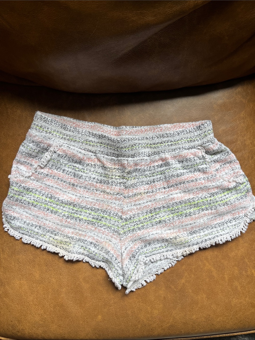 🌸Sam & Lavi Striped Knit Fringe-Hem Shorts - Light Gray, Pink & Lime